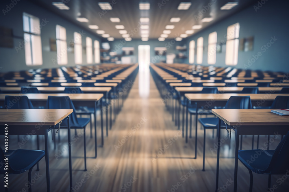 Poster Generative AI Medical face blue mask on the wood lecture chairs place distancing in the empty classroom. Concept during the Coronavirus disease COVID-19 outbreak in the 2020s. Back to school concept.