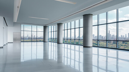 Fototapeta premium Generative AI Panoramic skyline and modern commercial office buildings with empty floors