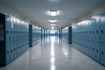 Generative AI High School hallway corridor in College or university empty hall at classroom, no people student while closed quarantine in situation of Covid-19 disease outbreak result in inability org
