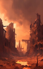 Naklejka premium Generative AI Empty post apocalyptic city landscape. Digital painting of building in ruins, destroyed. Futuristic slum. Broken, deserted cityscape. Post-war scenery, abandoned house. Digital painting 