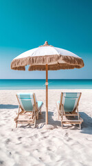 Generative AI Beautiful beach. Chairs on the sandy beach near the sea. Summer holiday and vacation concept for tourism. Inspirational tropical landscape