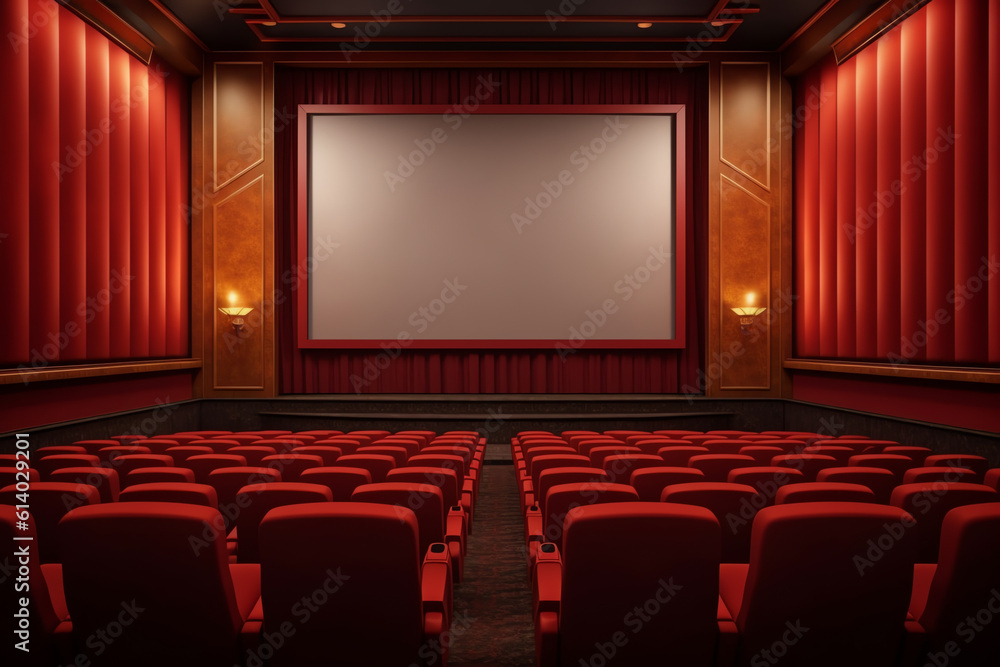Poster Generative AI Cinema auditorium with screen and red seats. Vector.