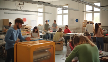 Generative AI A school classroom with woodworking equipment, machinery and light engineering equipment, for vocational training.