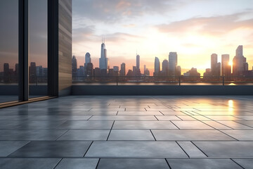 Fototapeta na wymiar Generative AI Cityscape with empty tarmac floor. sunset scene. Image composite