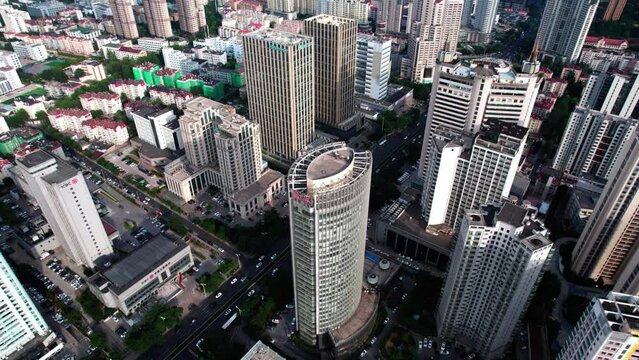 4k aerial photography of Qingdao city buildings skyline