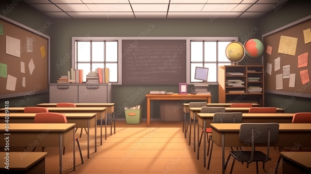 Poster generative ai empty classroom. school education background. empty school classroom. classroom interi
