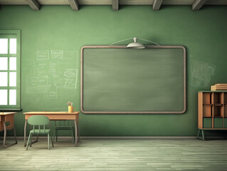 Generative AI Empty interior of classic school classroom with green Chalk board on the Wall