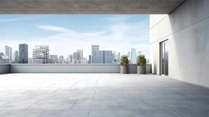 Generative AI Perspective view of empty cement floor with steel and glass modern building exterior. Morning scene. Photorealistic 3D rendering.