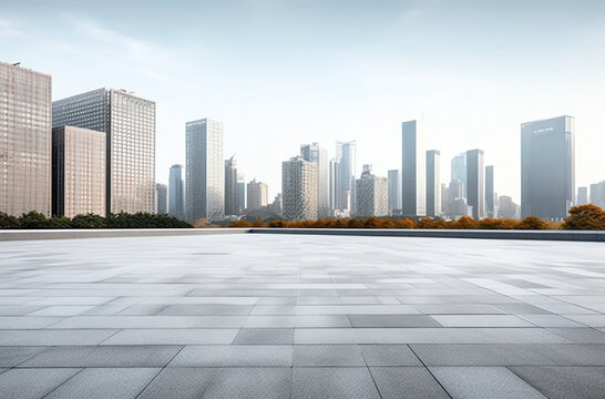 Generative AI Empty square floor and city skyline with modern commercial buildings in Hangzhou at sunset, China. © Generative AI