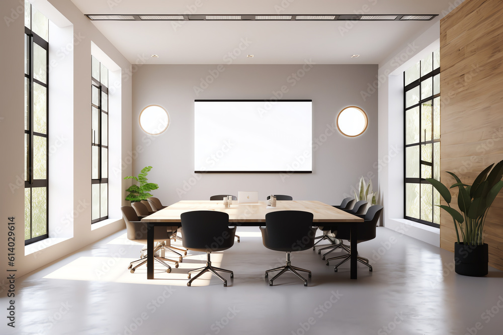 Aufkleber Generative AI Projector screen canvas in modern conference room with big windows. Side view.Empty classroom or presentation room interior with desks, chairs and whiteboard