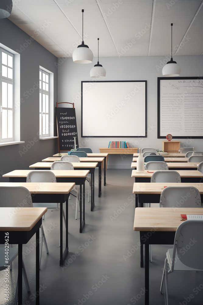 Aufkleber Generative AI Illustration of bright empty classroom with blackboard and table.
