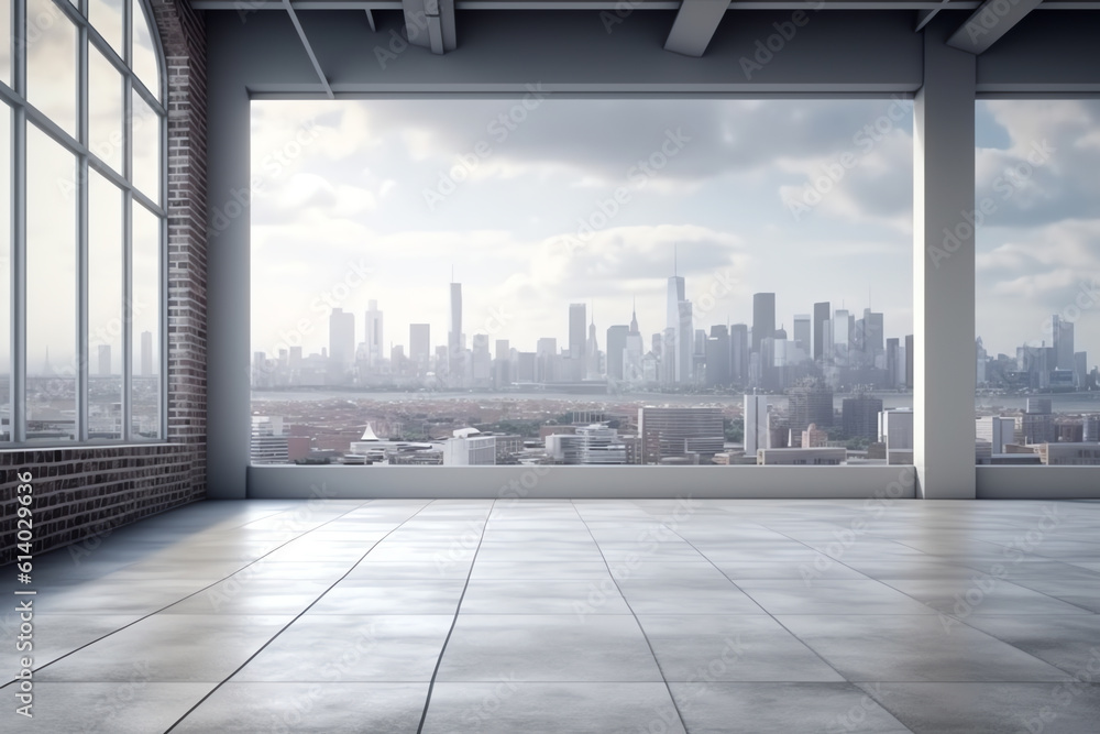 Poster generative ai panoramic skyline and buildings with empty concrete square floor