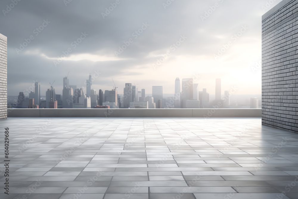 Poster generative ai empty floor and modern city skyline with buildings at sunset