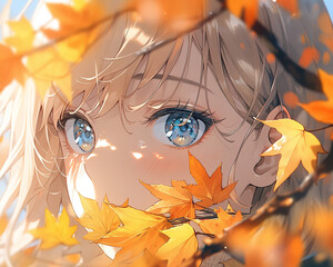 Beautiful anime manga girl in autumn