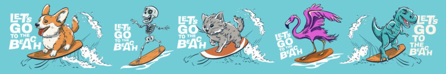 Animals surf summer t-shirt print. Corgi dog, cat, dinosaur, and flamingo ride surfboard fun