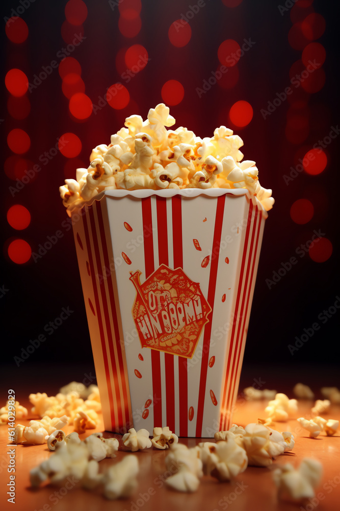 Fototapete generative ai one red cinema chair with fizzy drink and box of popcorn over red background. concept 