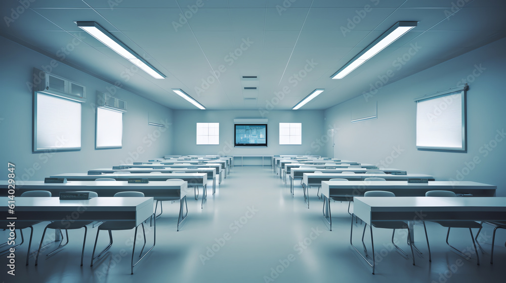 Aufkleber Generative AI Empty classroom with blue desks and chairs.
