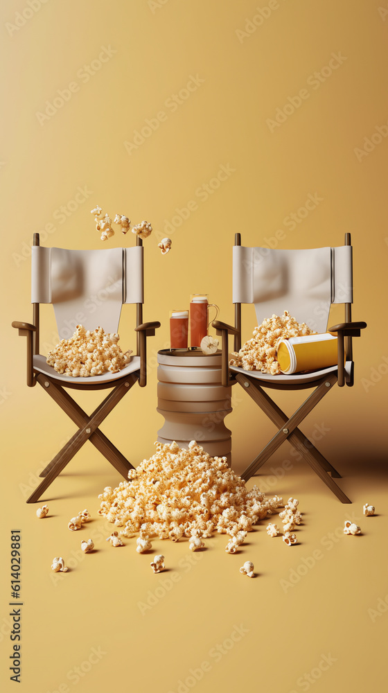 Poster Generative AI One red cinema chair with fizzy drink and box of popcorn over white background. Concept of entertainment. 3d rendering