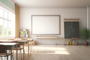 Generative AI Empty modern classroom with chairs, desks and chalkboard. - obrazy, fototapety, plakaty