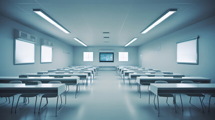 Naklejka na ściany i meble Generative AI Empty classroom with blue desks and chairs.