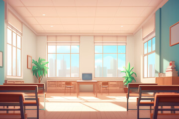 Fototapeta na wymiar Generative AI Modern flat illustration. Education background. Empty school classroom. Classroom interior. Meeting room