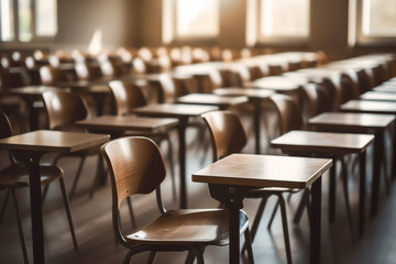 Generative AI Empty classroom with desks and chairs