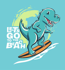 Cute dinosaur surfer cool summer sun t-shirt print. T-rex ride surfboard on big wave sunset