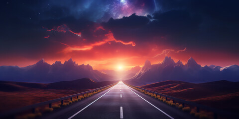 Generative AI Empty asphalt road platform and mountain with cloud scenery at night