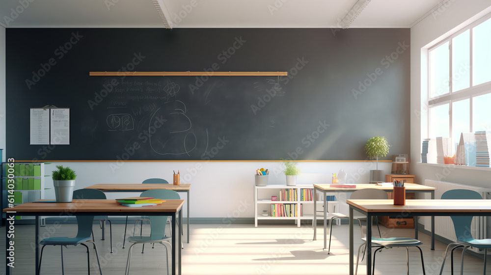 Aufkleber Generative AI Modern Empty Classroom 3D Interior in Light Tones with Green Chalkboard on the Wall. 3D Rendering