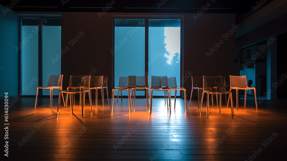 Poster generative ai rows of empty chairs in large conference hall for corporate convention or lecture