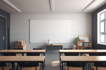 Generative AI First day of school. Interior of modern light class elementary, middle school or high school without teacher and students. Bright school room with white desks, chairs and blackboard.