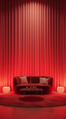 Generative AI Cinema Red Cozy Armchairs With Comfortable Elbows. Illuminated armchair in the center.3d Rendering.