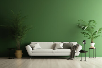 Generative AI Green sofa with table on green wall and wooden flooring.3d rendering