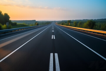 Fototapeta premium Generative AI Panoramic view of empty road side with city skyline. Sunset scene.