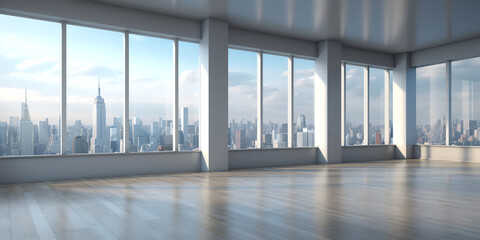 Fototapeta na wymiar Generative AI Panoramic skyline and modern commercial office buildings with empty floors