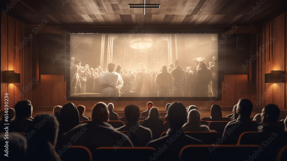Poster generative ai people in the cinema auditorium with empty white screen.