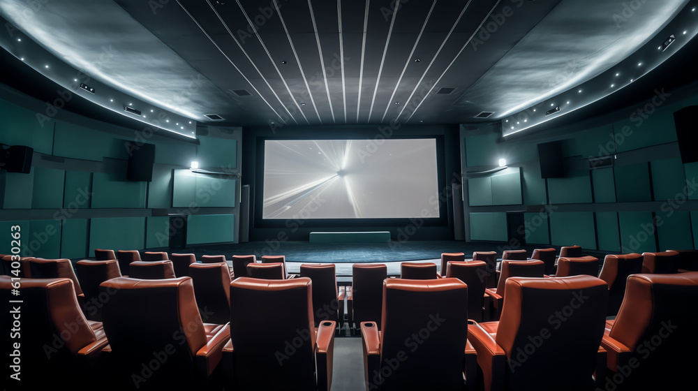 Poster generative ai empty movie theatre interior with screen and seats.
