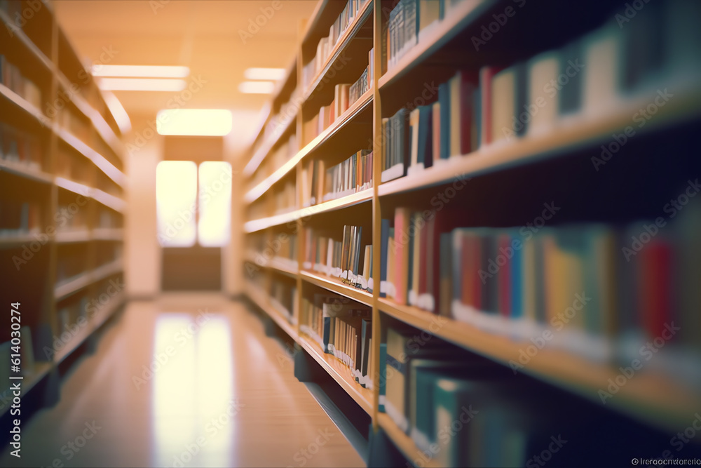 Poster generative ai abstract blurred empty college library interior space. blurry classroom with bookshelv