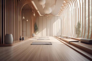 Empty space in a peaceful and calm environment to practice Yoga in a serene and organic atmosphere. Yoga room with natural light. Empty room in yoga studio. Realistic 3D illustration. Generative AI