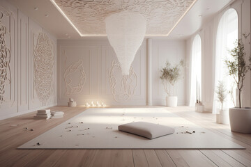 Empty space in a peaceful and calm environment to practice Yoga in a serene and organic atmosphere. Yoga room with natural light. Empty room in yoga studio. Realistic 3D illustration. Generative AI