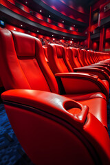 Fototapeta premium Generative AI Empty comfortable red seats with numbers in cinema