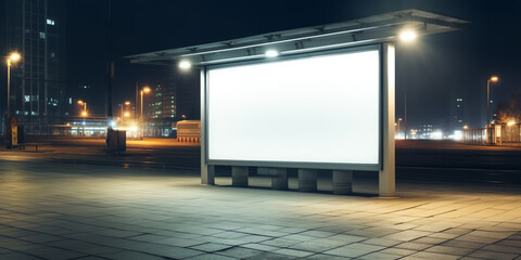 Fototapeta premium Generative AI Large empty commercial banner mounted on urban bus stop front view outdoor