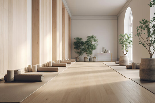 Empty space in a peaceful and calm environment to practice Yoga in a serene and organic atmosphere. Yoga room with natural light. Empty room in yoga studio. Realistic 3D illustration. Generative AI
