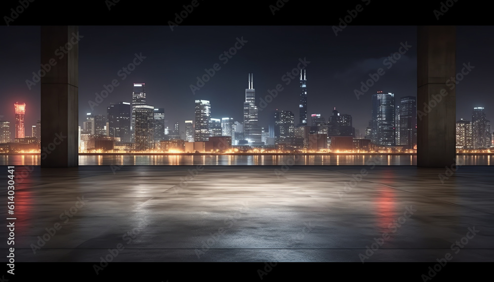 Poster generative ai empty asphalt road under the bridge during the night with beautiful city skyline backg
