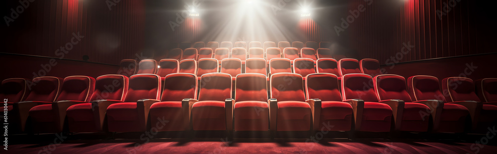 Poster Generative AI Rows of red cinema or theater seats isolated on black background. And also includes EPS 10 vector