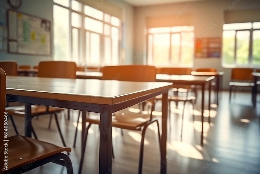 Aufkleber Generative AI Empty university classroom with many wooden chairs. Wooden chairs well arranged in college classroom. Empty classroom with vintage tone wooden chairs. Back to school concept.