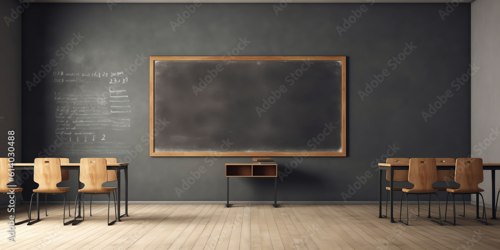 Aufkleber Generative AI Modern Empty Classroom 3D Interior in Light Tones with Green Chalkboard on the Wall. 3D Rendering