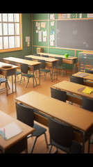 Generative AI Desks in a row in empty high school classroom