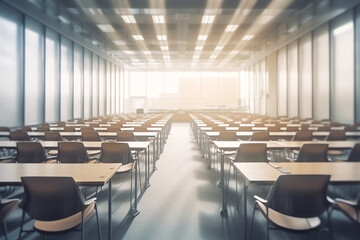 Fototapeta premium Generative AI School classroom in blur background without young student; Blurry view of elementary class room no kid or teacher with chairs and tables in campus.