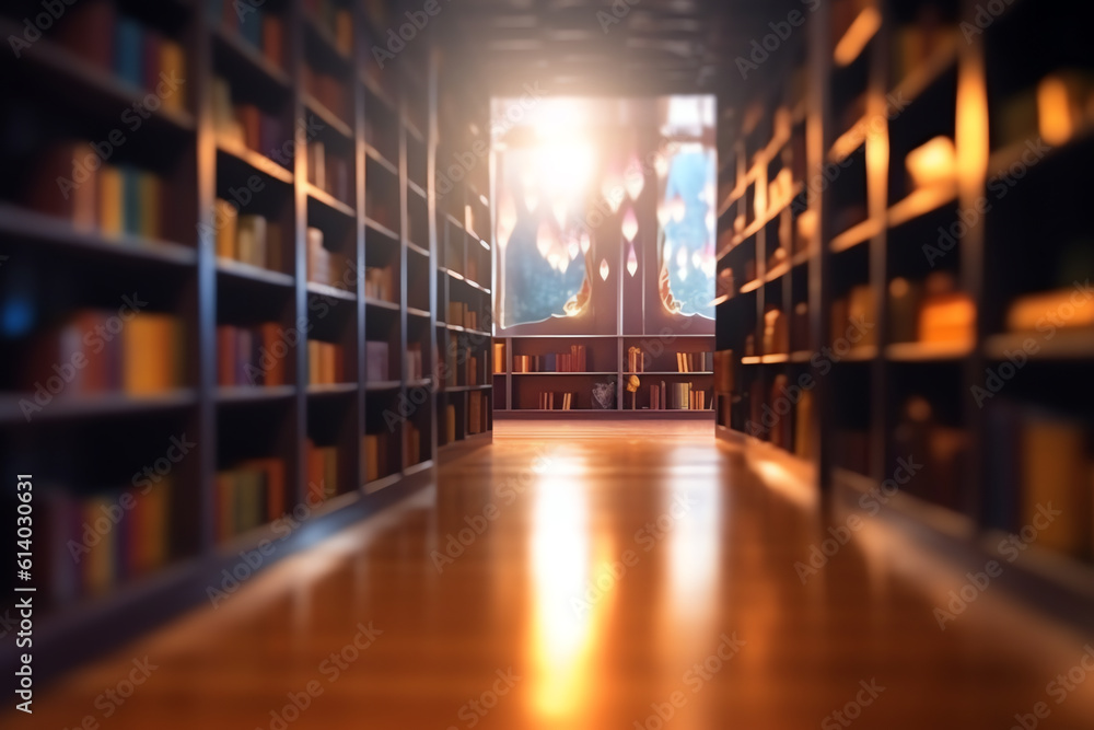 Aufkleber Generative AI Blurred image for background of many books on bookshelf in library.